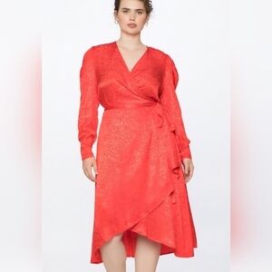 NWT Eloquii Womens Red Animal Print Plus Satin Puff Wrap Midi Dress Size 18